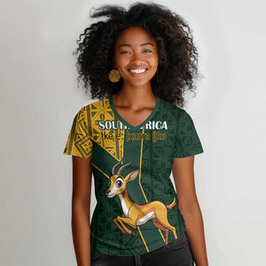 Custom South Africa Springbok Jumping Women V-Neck T-Shirt With Kente Patterns