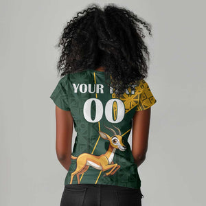 Custom South Africa Springbok Jumping Women V-Neck T-Shirt With Kente Patterns