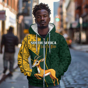 Custom South Africa Springbok Jumping Zip Hoodie With Kente Patterns