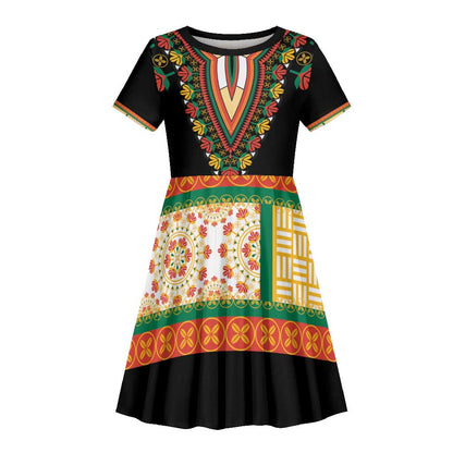 Africa Dashiki Kid Short Sleeve Dress Embroidery Neckline Floral Pattern
