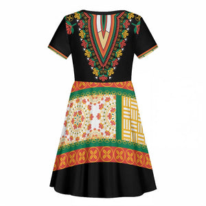 Africa Dashiki Kid Short Sleeve Dress Embroidery Neckline Floral Pattern