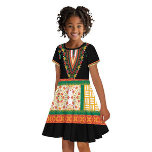 Africa Dashiki Kid Short Sleeve Dress Embroidery Neckline Floral Pattern