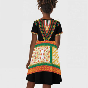 Africa Dashiki Kid Short Sleeve Dress Embroidery Neckline Floral Pattern