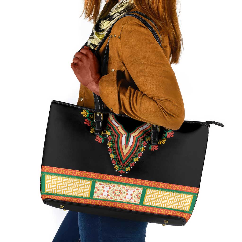 Africa Dashiki Leather Tote Bag Embroidery Neckline Floral Pattern