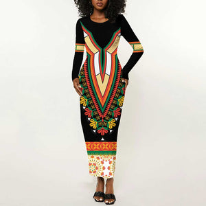 Africa Dashiki Long Sleeve Bodycon Dress Embroidery Neckline Floral Pattern