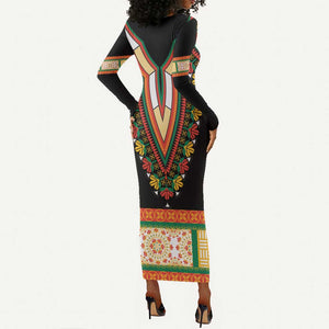 Africa Dashiki Long Sleeve Bodycon Dress Embroidery Neckline Floral Pattern