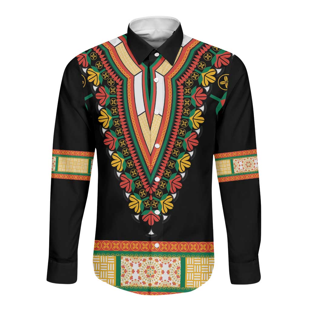 Africa Dashiki Long Sleeve Button Shirt Embroidery Neckline Floral Pattern