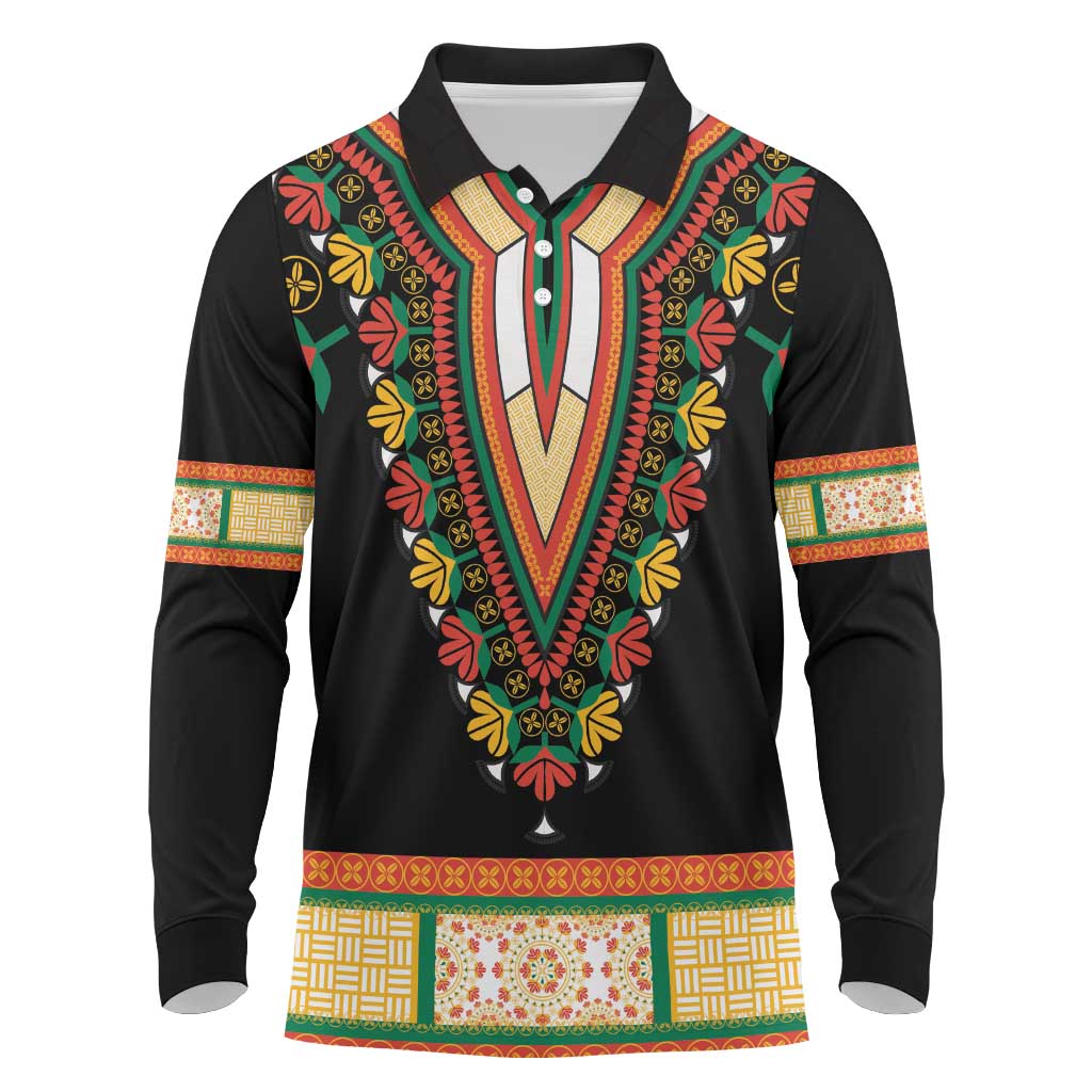 Africa Dashiki Long Sleeve Polo Shirt Embroidery Neckline Floral Pattern