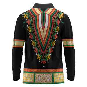 Africa Dashiki Long Sleeve Polo Shirt Embroidery Neckline Floral Pattern