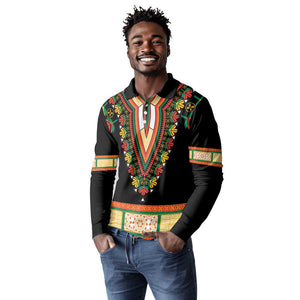 Africa Dashiki Long Sleeve Polo Shirt Embroidery Neckline Floral Pattern