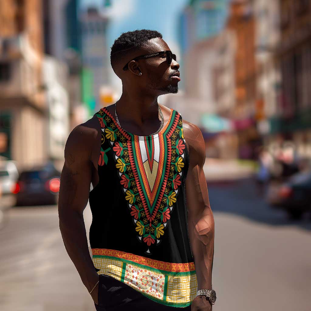 Africa Dashiki Men Tank Top Embroidery Neckline Floral Pattern