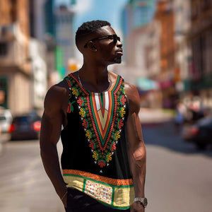 Africa Dashiki Men Tank Top Embroidery Neckline Floral Pattern