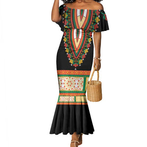 Africa Dashiki Mermaid Dress Embroidery Neckline Floral Pattern