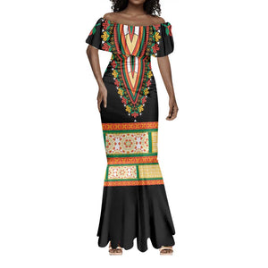 Africa Dashiki Mermaid Dress Embroidery Neckline Floral Pattern