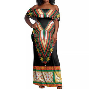 Africa Dashiki Off Shoulder Maxi Dress Embroidery Neckline Floral Pattern