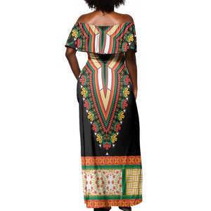 Africa Dashiki Off Shoulder Maxi Dress Embroidery Neckline Floral Pattern