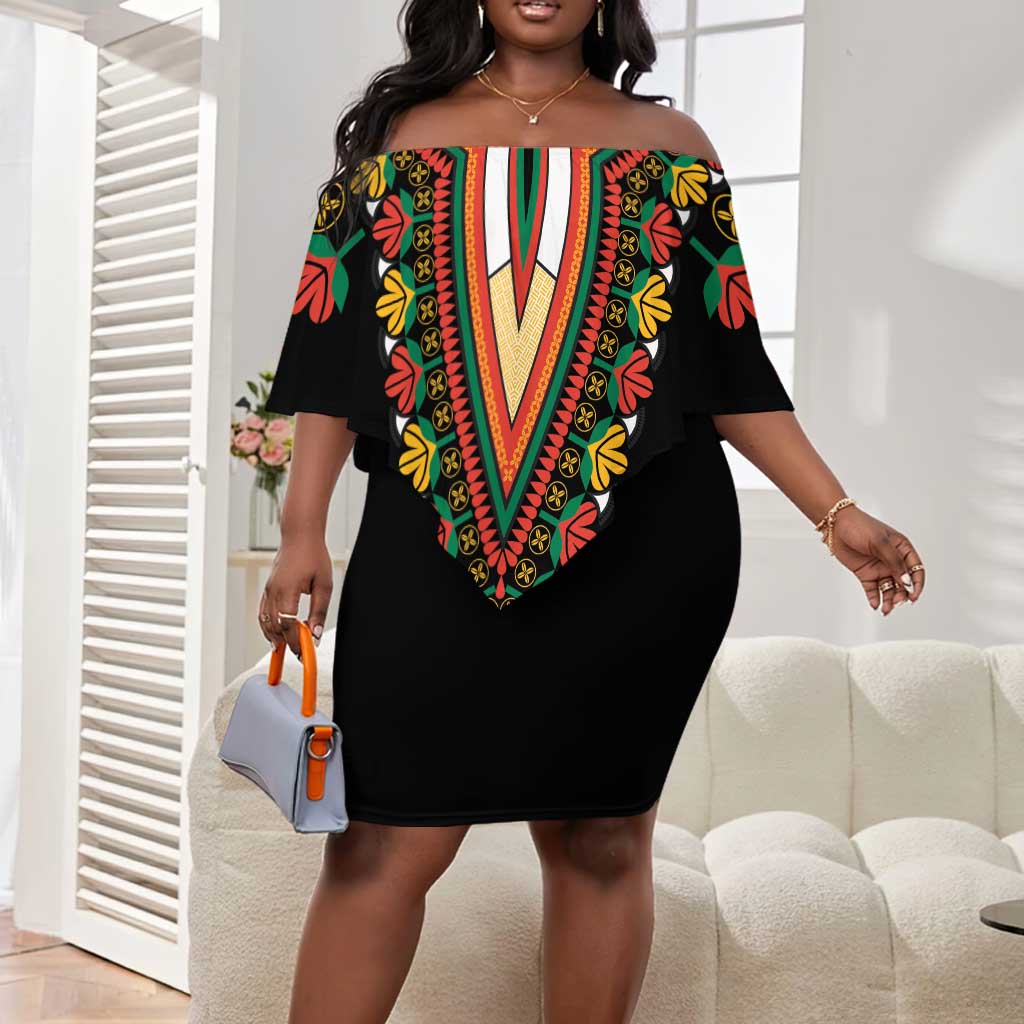 Africa Dashiki Off Shoulder Short Dress Embroidery Neckline Floral Pattern LT18