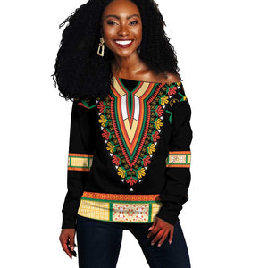 Africa Dashiki Off Shoulder Sweater Embroidery Neckline Floral Pattern