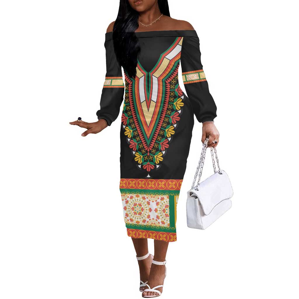 Africa Dashiki Off The Shoulder Long Sleeve Dress Embroidery Neckline Floral Pattern