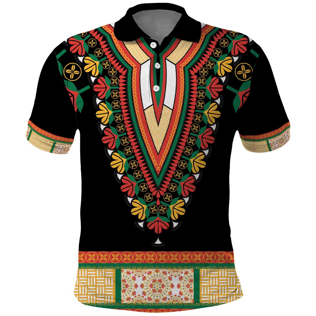 Africa Dashiki Polo Shirt Embroidery Neckline Floral Pattern