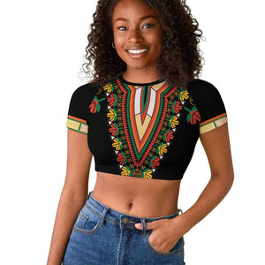 Africa Dashiki Raglan Cropped T shirt Embroidery Neckline Floral Pattern