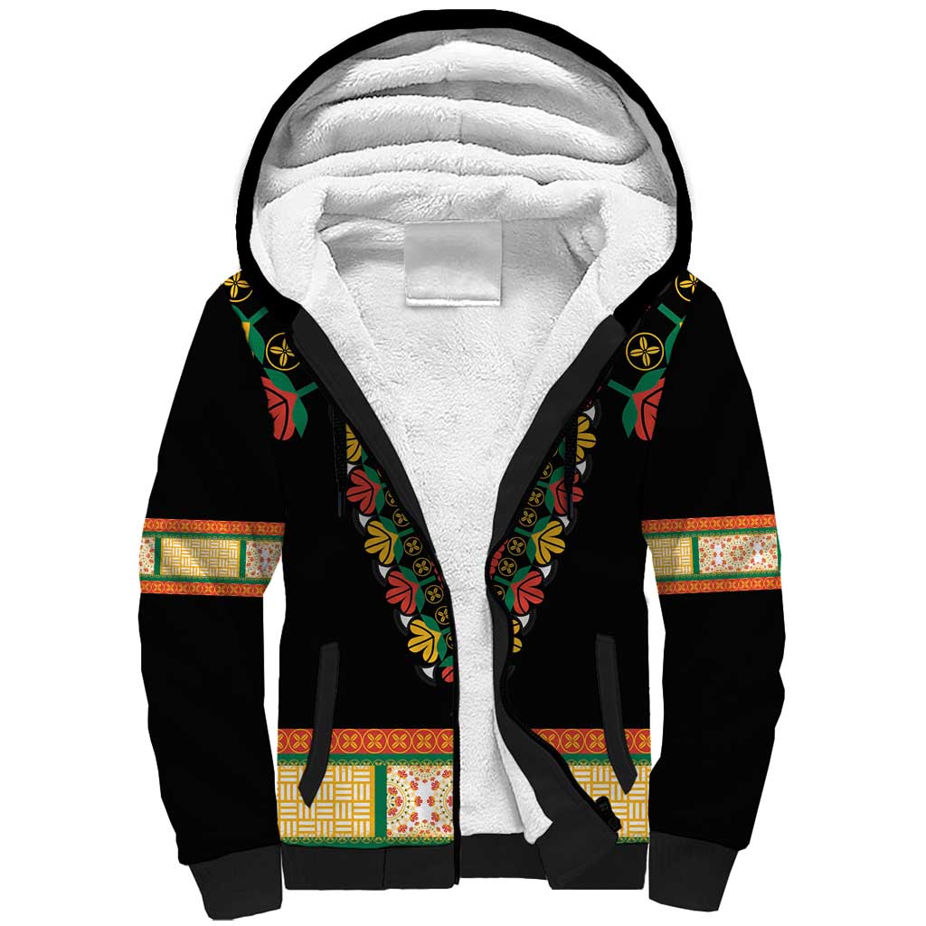 Africa Dashiki Sherpa Hoodie Embroidery Neckline Floral Pattern