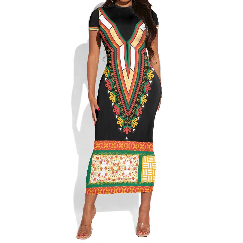 Africa Dashiki Short Sleeve Bodycon Dress Embroidery Neckline Floral Pattern