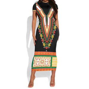 Africa Dashiki Short Sleeve Bodycon Dress Embroidery Neckline Floral Pattern