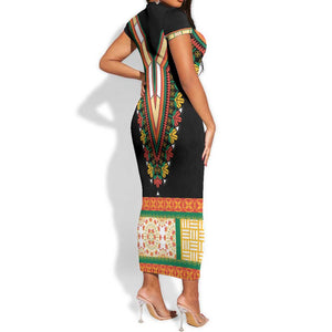 Africa Dashiki Short Sleeve Bodycon Dress Embroidery Neckline Floral Pattern