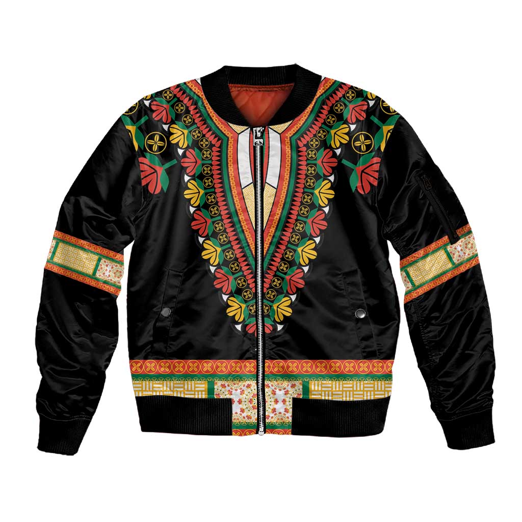 Africa Dashiki Sleeve Zip Bomber Jacket Embroidery Neckline Floral Pattern