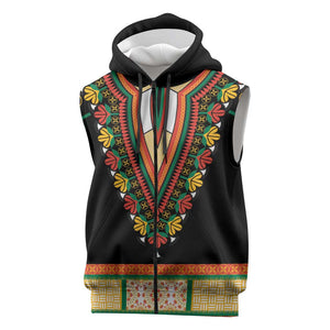 Africa Dashiki Sleeveless Zip Hoodie Embroidery Neckline Floral Pattern - African Pride