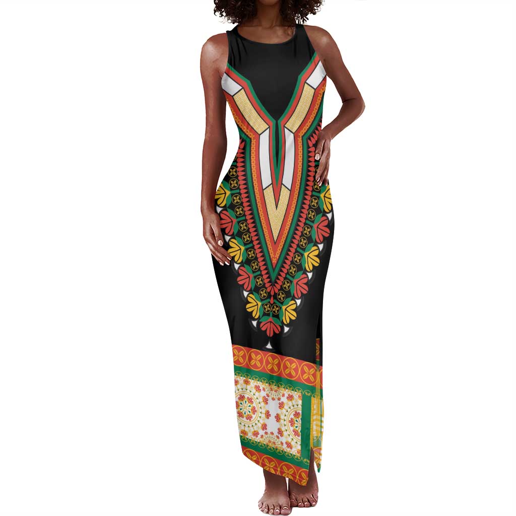 Africa Dashiki Tank Maxi Dress Embroidery Neckline Floral Pattern