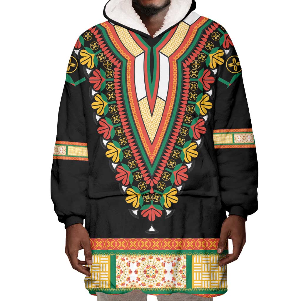 Africa Dashiki Wearable Blanket Hoodie Embroidery Neckline Floral Pattern