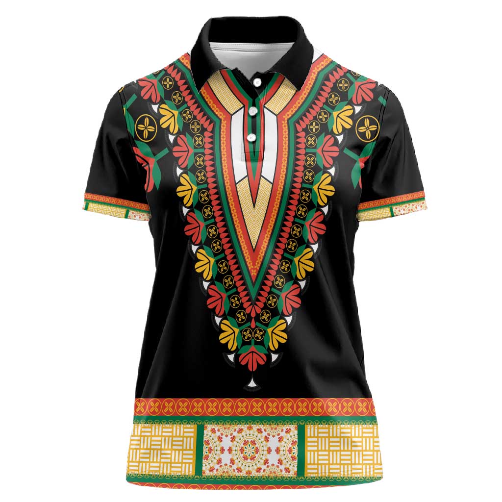 Africa Dashiki Women Polo Shirt Embroidery Neckline Floral Pattern