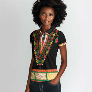 Africa Dashiki Women Polo Shirt Embroidery Neckline Floral Pattern