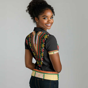 Africa Dashiki Women Polo Shirt Embroidery Neckline Floral Pattern