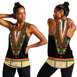 Africa Dashiki Women Racerback Tank Embroidery Neckline Floral Pattern