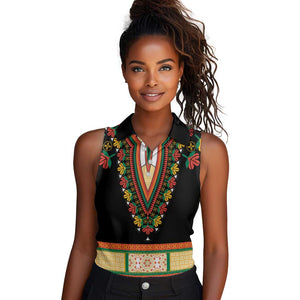 Africa Dashiki Women Sleeveless Polo Shirt Embroidery Neckline Floral Pattern