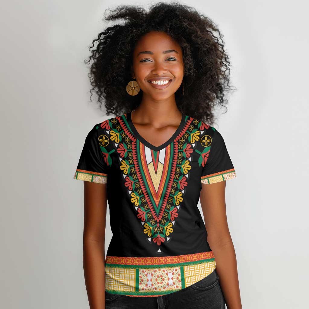 Africa Dashiki Women V-Neck T-Shirt Embroidery Neckline Floral Pattern