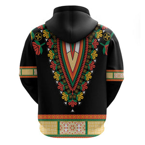 Africa Dashiki Zip Hoodie Embroidery Neckline Floral Pattern