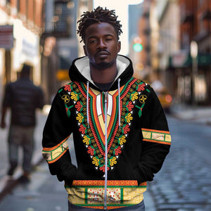 Africa Dashiki Zip Hoodie Embroidery Neckline Floral Pattern