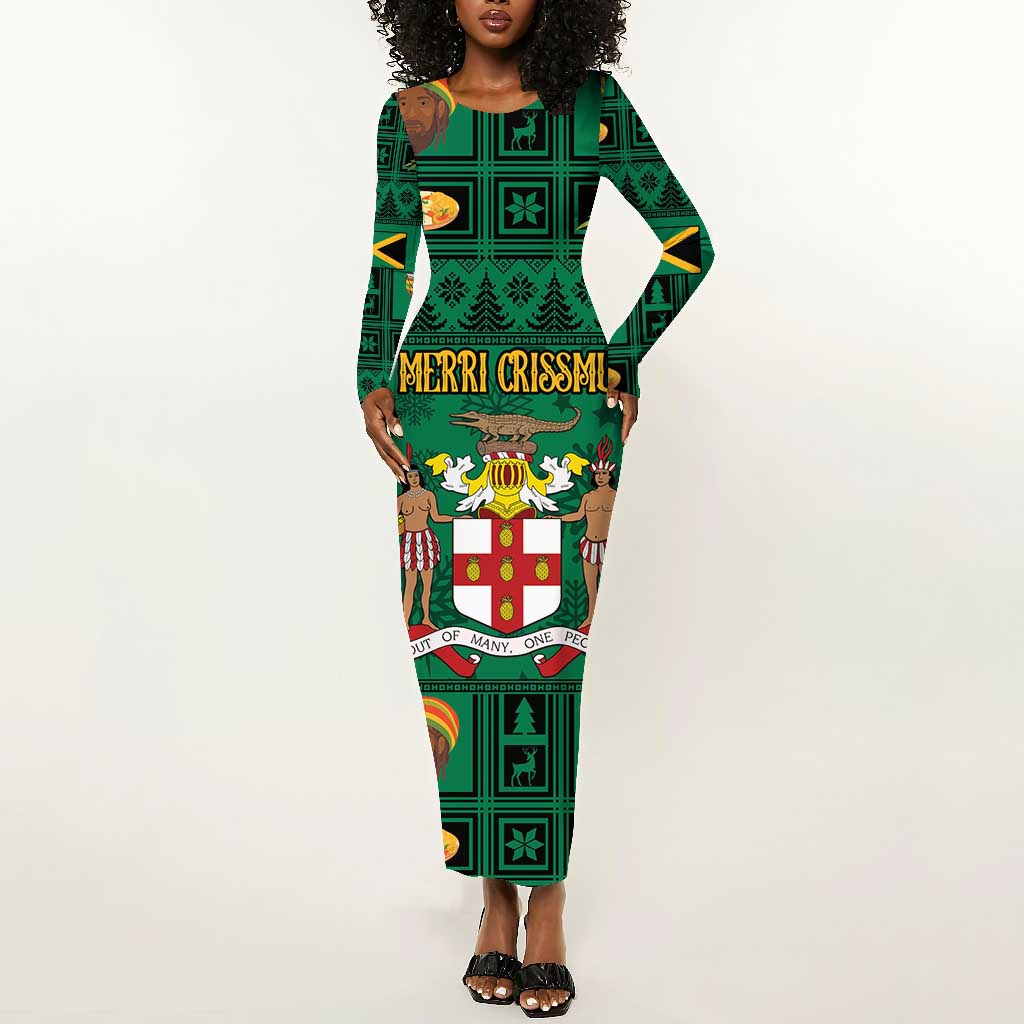 Personalized Afro-Jamaicans Merri Crissmuss Long Sleeve Bodycon Dress Coat Of Arms - Xmas