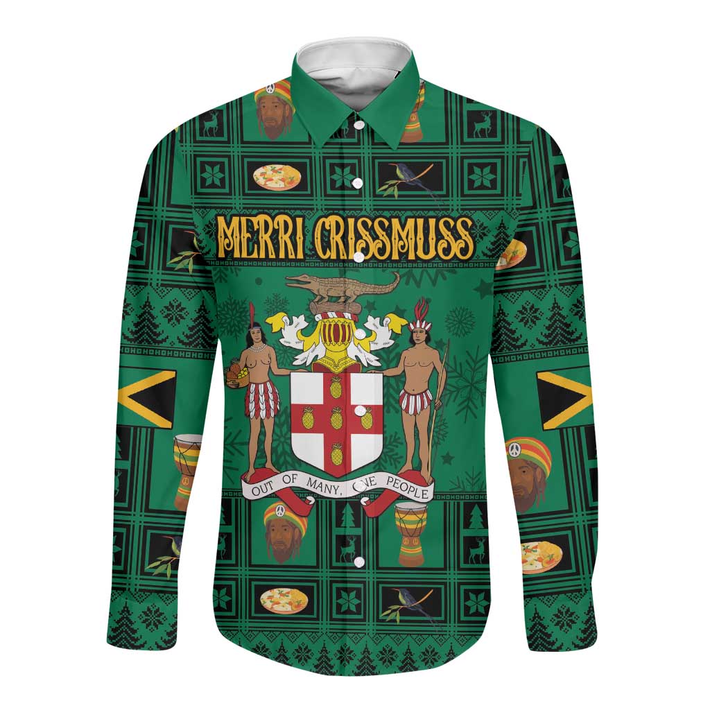 Personalized Afro-Jamaicans Merri Crissmuss Long Sleeve Button Shirt Coat Of Arms - Xmas