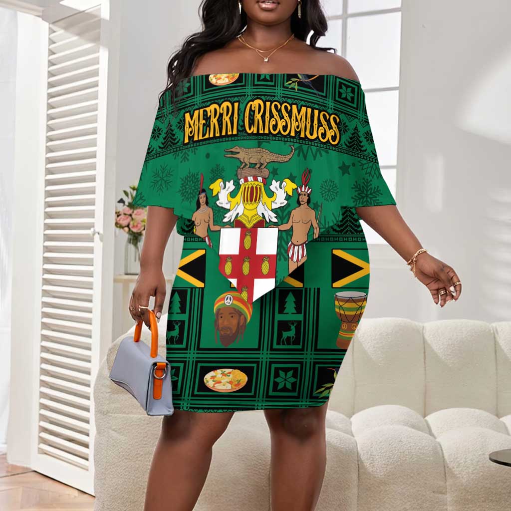 Personalized Afro-Jamaicans Merri Crissmuss Off Shoulder Short Dress Coat Of Arms - Xmas