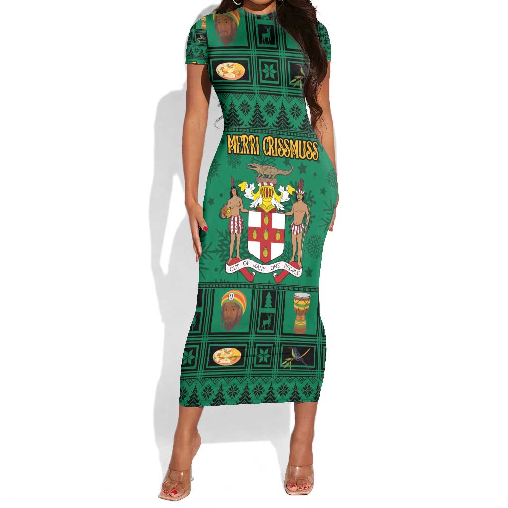 Personalized Afro-Jamaicans Merri Crissmuss Short Sleeve Bodycon Dress Coat Of Arms - Xmas