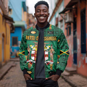 Personalized Afro-Jamaicans Merri Crissmuss Sleeve Zip Bomber Jacket Coat Of Arms - Xmas