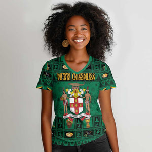 Personalized Afro-Jamaicans Merri Crissmuss Women V-Neck T-Shirt Coat Of Arms - Xmas