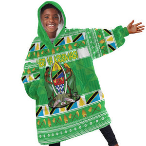 Personalized Afro Tanzania Christmas Kid Wearable Blanket Hoodie Heri ya Krismasi With Coat Of Arms