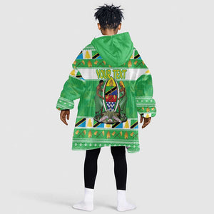 Personalized Afro Tanzania Christmas Kid Wearable Blanket Hoodie Heri ya Krismasi With Coat Of Arms