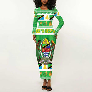 Personalized Afro Tanzania Christmas Long Sleeve Bodycon Dress Heri ya Krismasi With Coat Of Arms